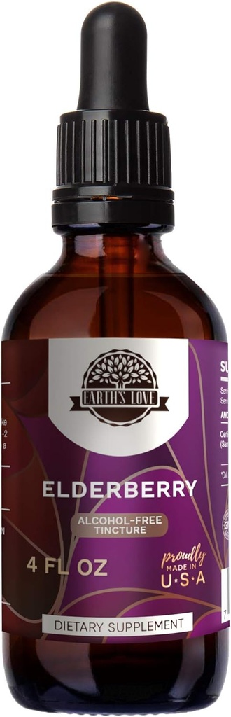 Earth's Love - Elderberry Alcohol-Free Herbal Extract Tincture, Super-Concentrated Elderberry (Sambucus Nigra) Dried Berry (4 Fl Oz)