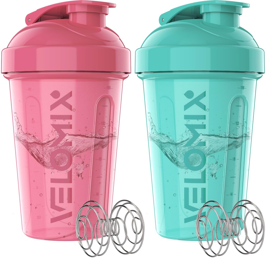 VELOMIX -2 パック- 20 oz プロテインミキサー用プロテインシェーカーボトル - 2x ワイヤーウィスク | リーク プロテインシェークとプレワークアウトのためのプルーフシェーカーカップ | タンパク質シェーカーボトルパック(ピンク/ターコイズ)