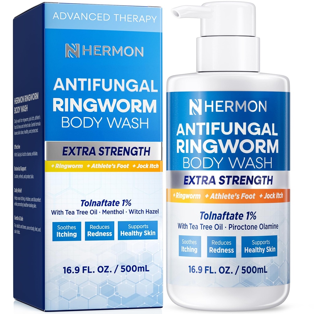 Antifungal Ringworm Treatment Body Wash - Antibacterial Wash with 1% Tolnaftate & Tea Tree Oil for Ringworm, Jock Itch, Tinea, Back Acne & Foot Odor on back, chest, groin, feet for Men and Women 500ml