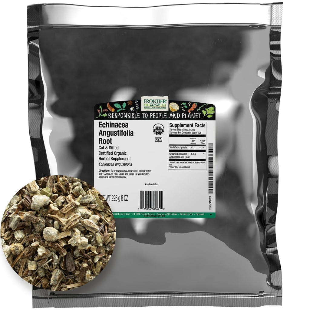 フロンティアのcoopはEchinaceaのAngustifoliaの根、切口を乾燥し、8ozの証明された有機性Echinaceaの根-茶および草の救済、コシャのための理想