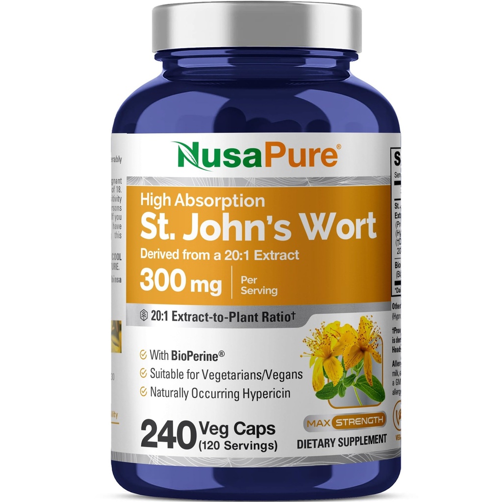 NusaPure St. John's Wort 20:1抽出物、6000mg 240 Veggieカプセル(Vegetarian、非GMO)バイオペリンに相当する300mg