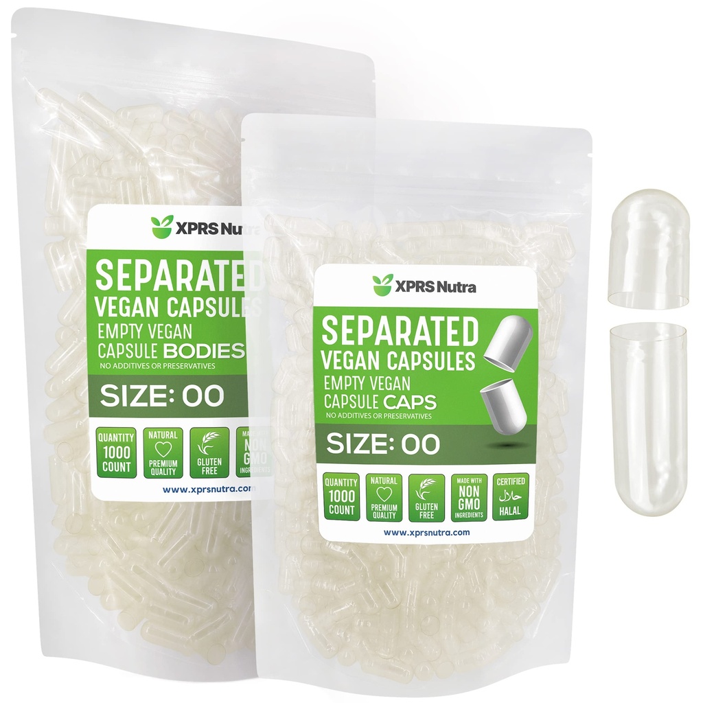 XPRS Nutraビーガンサイズ00分別カプセル - 1000カウントプレミアム空のカプセルは、バッグで分離 - DIYのサプリメントの充填のための明確な空の00ピル