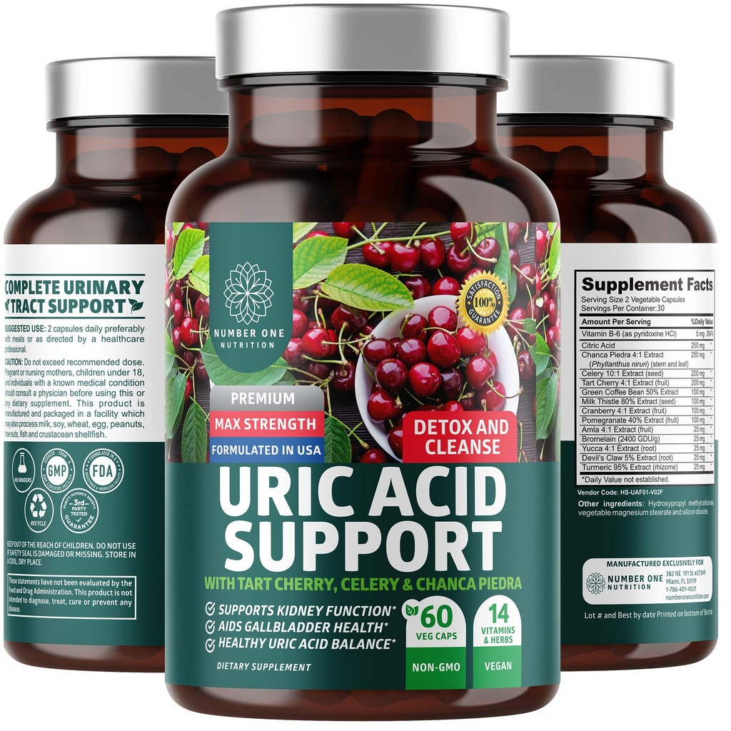 N1N Premium Uric Acid Support Supplement [14X Potent Herbs] All Natural Kidney and Uric Acid Cleanse with Tart Cherry, Milk Thistle, Cranberry, Celery, Chanca Piedra, 60 Veg Caps