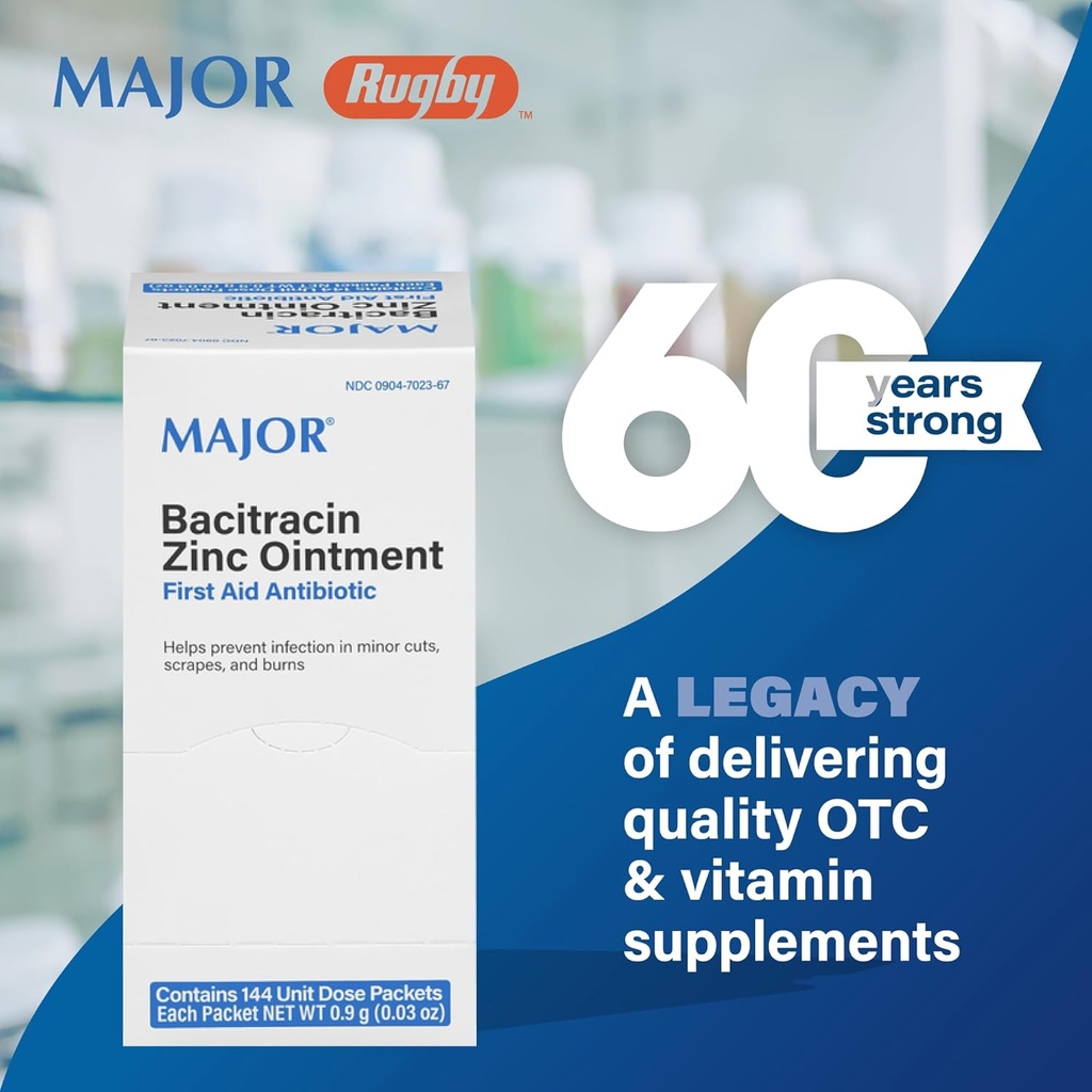 MAJOR Bacitracin亜鉛軟膏ファーストエイド抗生物質 - 144ユニットドースパケットが含まれています