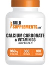 BulkSupplements.com 炭酸カルシウム&ビタミンD3 Softgels - CalciumとビタミンD3、Calcium&D3サプリメント免疫サポート - グルテンフリー、サービングあたり2 Softgels、360カウント(パッケージ1)