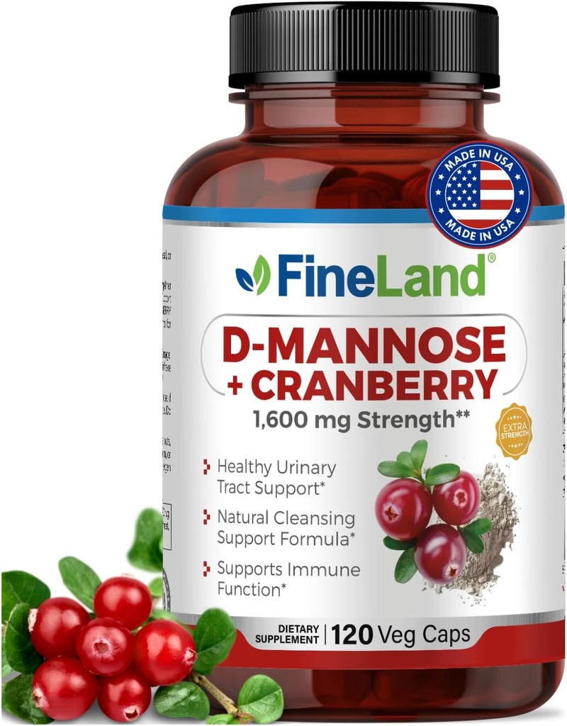 FineLand D-Mannose + Cranberry – 1600mg/サービング – 120 ビーガンカプセル – 尿路 & 膀胱の健康サポート – 非GMO, グルテンフリー, アメリカ製