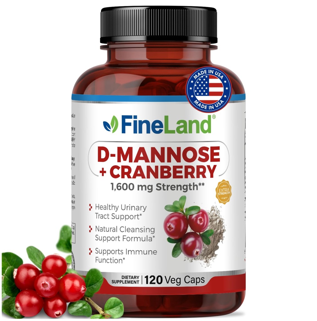 FineLand D-Mannose + Cranberry – 1600mg/サービング – 120 ビーガンカプセル – 尿路 & 膀胱の健康サポート – 非GMO, グルテンフリー, アメリカ製