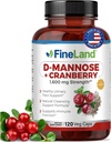 FineLand D-Mannose + Cranberry – 1600mg/サービング – 120 ビーガンカプセル – 尿路 & 膀胱の健康サポート – 非GMO, グルテンフリー, アメリカ製