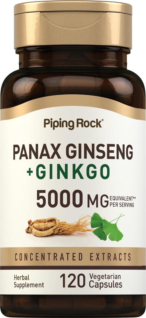 パイピングロックパナックス・ギン&イチョウ・ビロバサプリメント | 5000mg | 120カプセル | ブラックペッパーエキス付 | ベジタリアン・非GMO・グルテンフリーサプリメント
