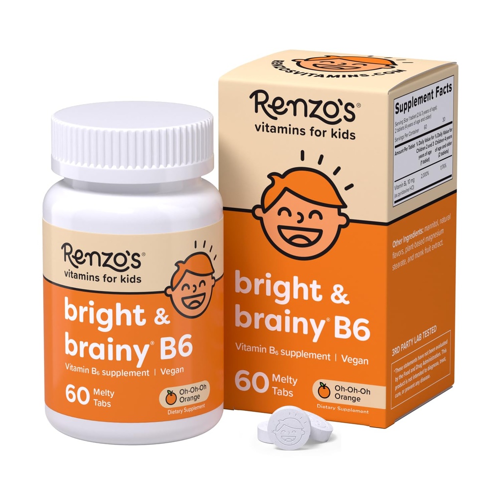 Renzo の明るい & ビタミン B6 の分解の子供のビタミン B6 の 60 の砂糖なしのメルティー タブ、O Oh のオレンジは風味付けしました