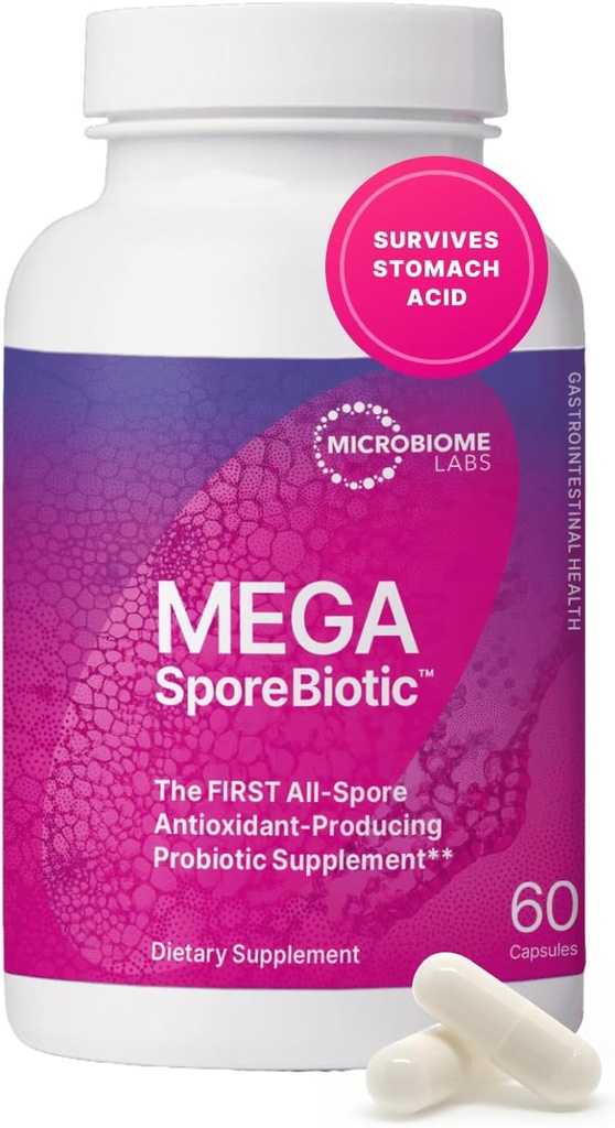 Microbiome Labs MegaSporeBiotic Probiotics for Women & Men - 定住性健康のための実証済みのプロバイオティクス - 保存安定性と旅行フレンドリー(60カプセル)
