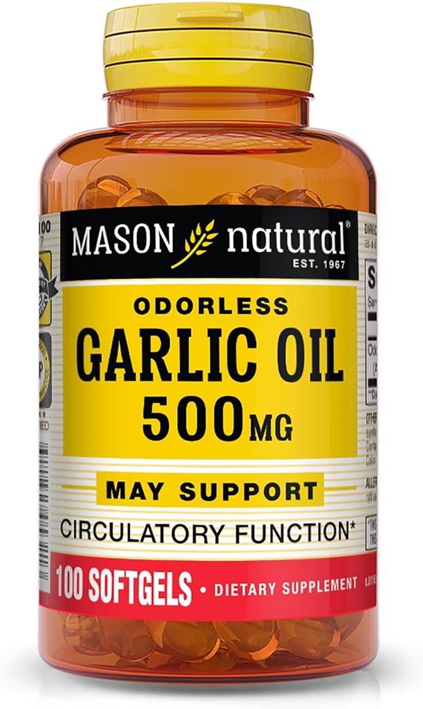 MASON NATURALのニンニクオイル500のmg無臭のサチリウムの補足-サポート健康な循環機能、100のSoftgels