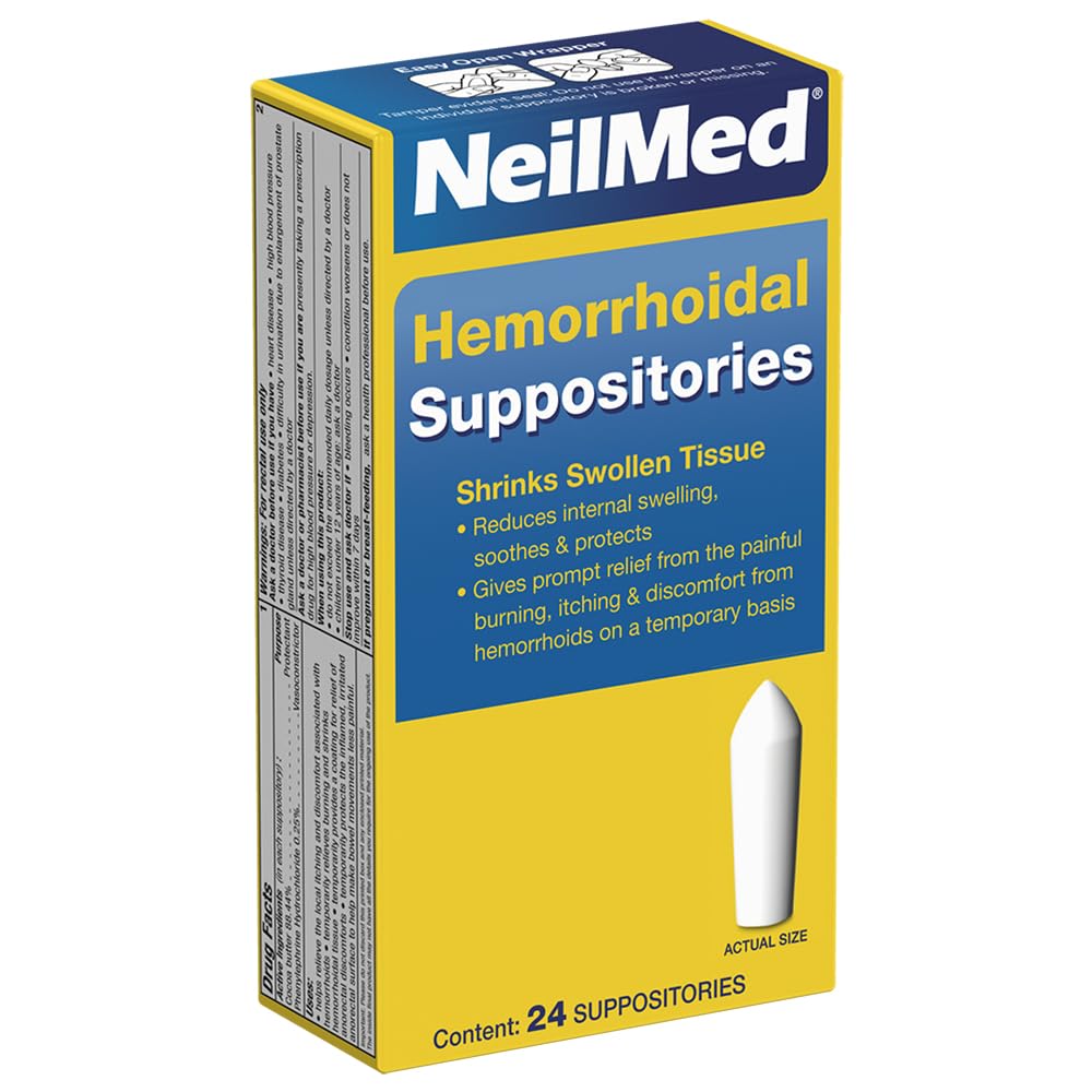 NeilMed Hemorrhoidal Suppositories, Shrinks Swollen Tissue, Relief from Burning, Itching and Discomfort of Hemorrhoids, 24 Count