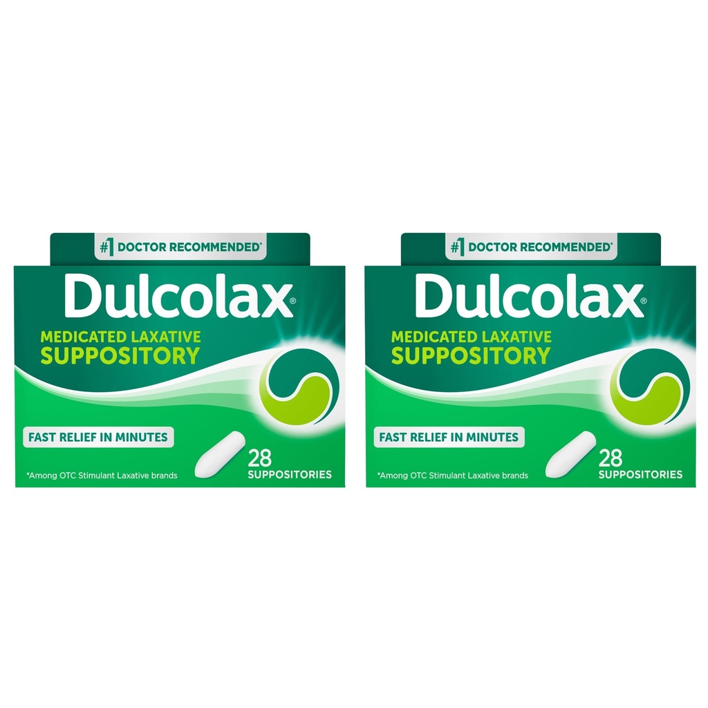 Dulcolax Stimulant Laxative Medicated Suppositories, Predictable & Effective Constipation Relief, Bisacodyl 10 mg, 28 Count, 2 pk