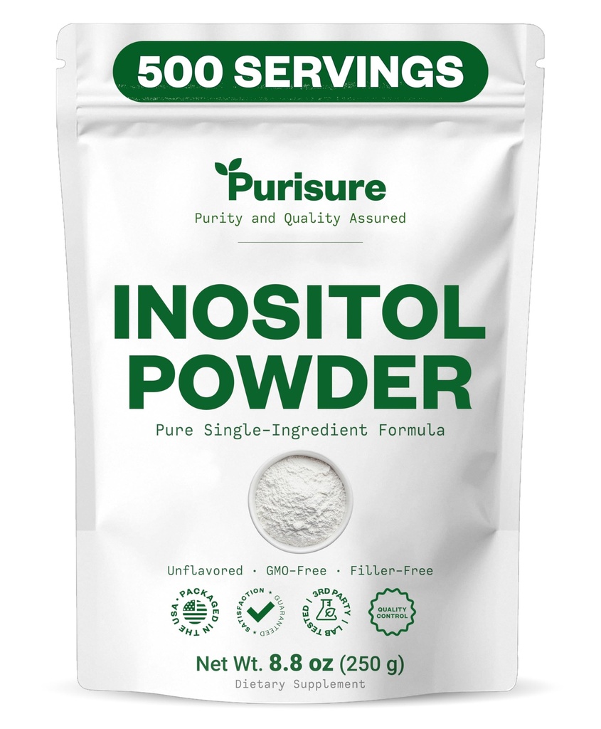 Purisure Myo-Inositolパウダー、250g、豊饒、ホルモンバランスとOvarianサポート、純粋なイノシトールパウダー、エネルギーと脳のウェルネス、ビーガン、非GMO、500サービングをサポートするマイオイノシトールサプリメント