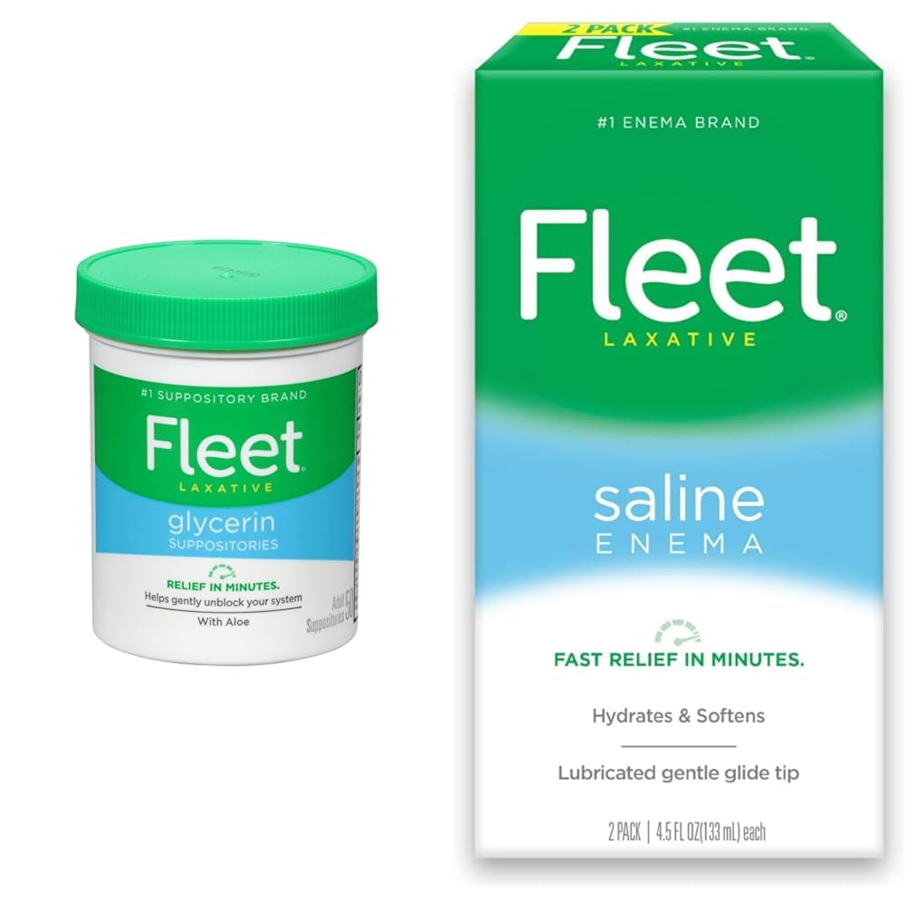 Fleet Laxative Glycerin Suppositories for Constipation, 50 Count and Saline Enema for Constipation Relief, 2 Bottles, 9 Fl Oz Total
