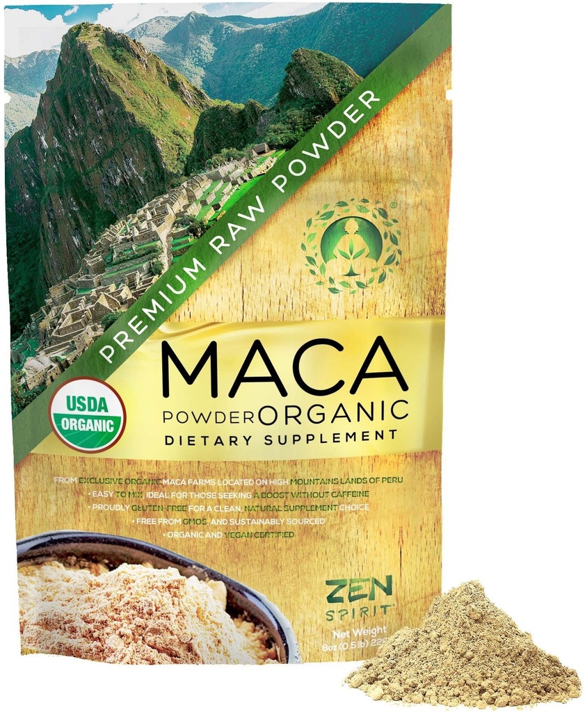 Zen Spirit Maca Rootパウダーオーガニック - ペルールートプレミアムグレードスーパーフード(未加工) - USDA&ビーガン認定 - 1バッグ(8oz) - 朝食、スムージー、ベーキング&アイスクリームに最適です。