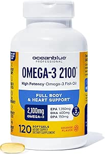 Oceanblue Professional Omega 3 2100-120 ct - High Potency Triple Strength Burpless Fish Oil with EPA, DHA & DPA - Wild Caught - Natural Orange Flavor, 60 Servings