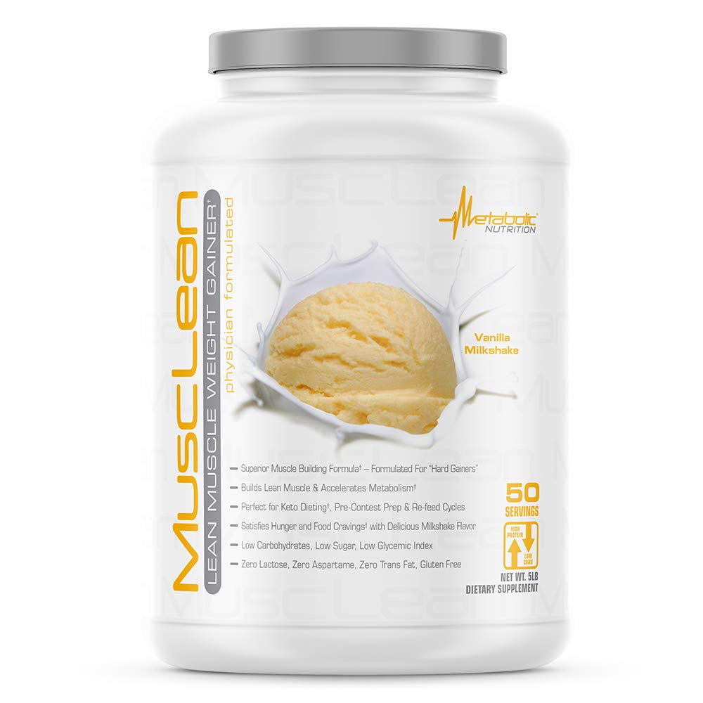 メタボリック栄養 - Musclean - Milkshake、Whey High Proteinミール補充、メンテナンス栄養、低炭水化物、ケトダイエット、消化酵素、バニラ、5ポンド(50本)