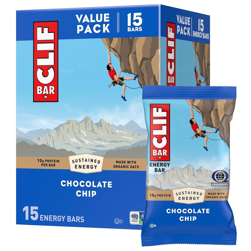 CLIF BAR - Energy Protein Bars - Chocolate Chip - Made with Organic Oats - Energy Bars - Non-GMO - (15 Pack)
