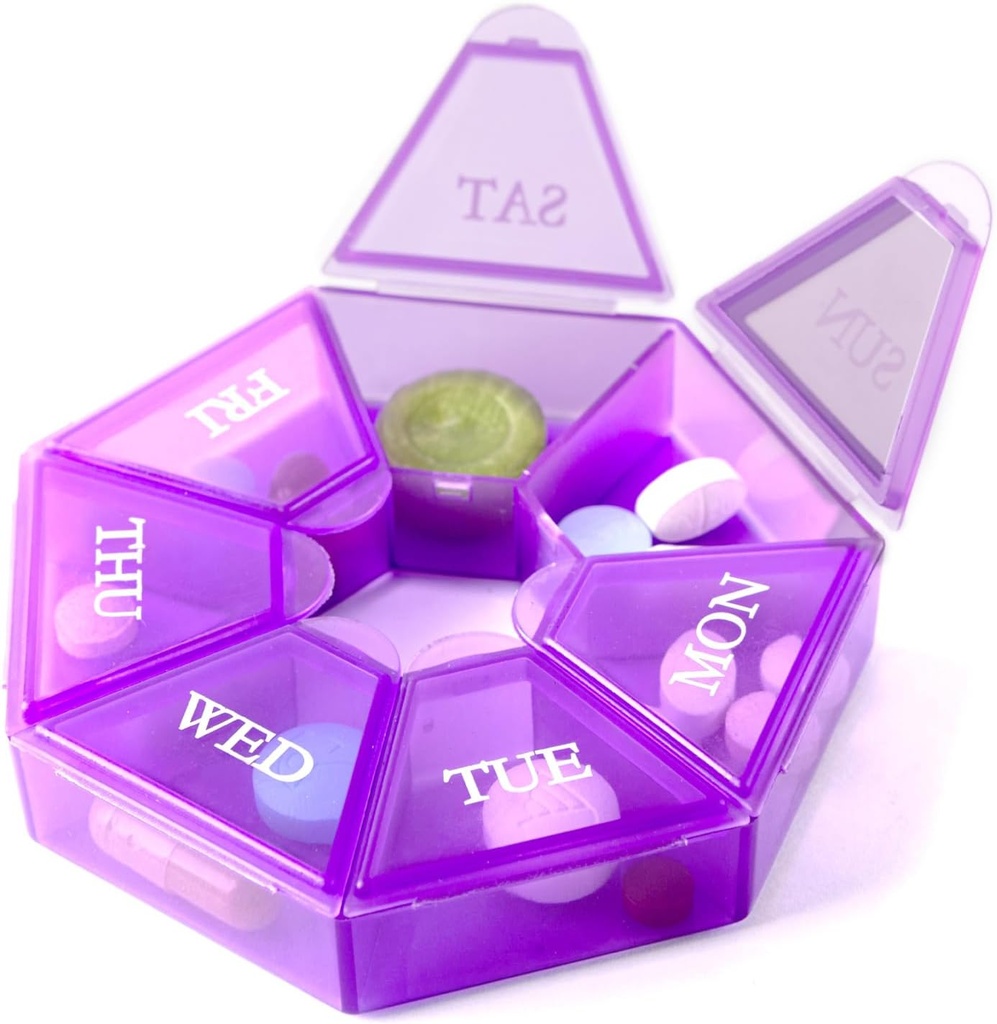 Deke ホーム - 小さな週刊ピルオーガナイザー、旅行のためのラウンドピルディスペンサー、ミニピルオーガナイザー、コンパクトな薬ホルダー、ピルソーダ7日、ポータブルビタミン容器、BPA無料(食品グレード)