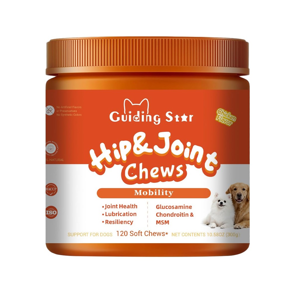 Hip and Joint Supplement for Dogs Glucosamine for Dogs, Mobility, Flexibility & Comfort Support, Hip and Joint Supplement with Chondroitin, MSM, Vitamins C & E, 120 Chews Chicken Flavored
