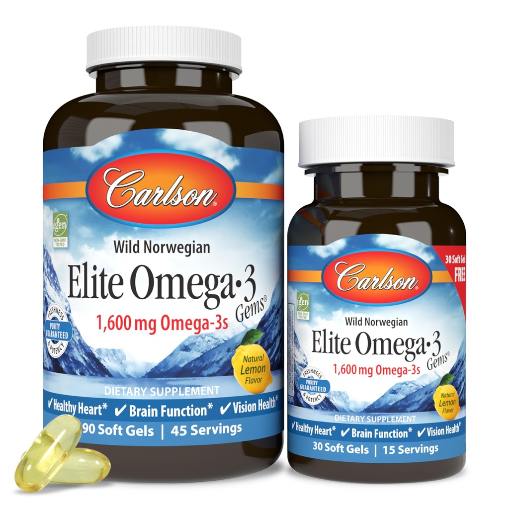 Carlson Labs Elite Omega-3、1600mg、Gems Fish Oil Soft Gels、Natural Lemon Flavor、2パック(120カウント)