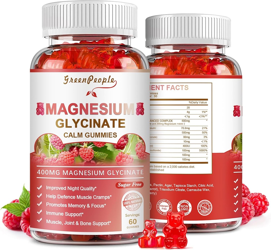 GREENPEOPLEのマグネシウムのGlycinateのグミー400mg - マグネシウムのマレート、ビタミンD、B6および大人のためのCQ10のための砂糖の自由なマグネシウムのカリウムの補足- ラズベリーのグミ