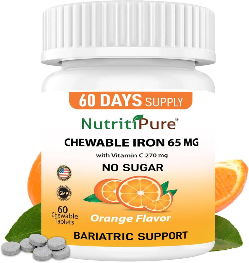 ケブルアイアン65mg、ビタミンC 270mg(女性/男性用) |60日供給 | 無糖質オレンジ色の味のサプリメント 60カウント