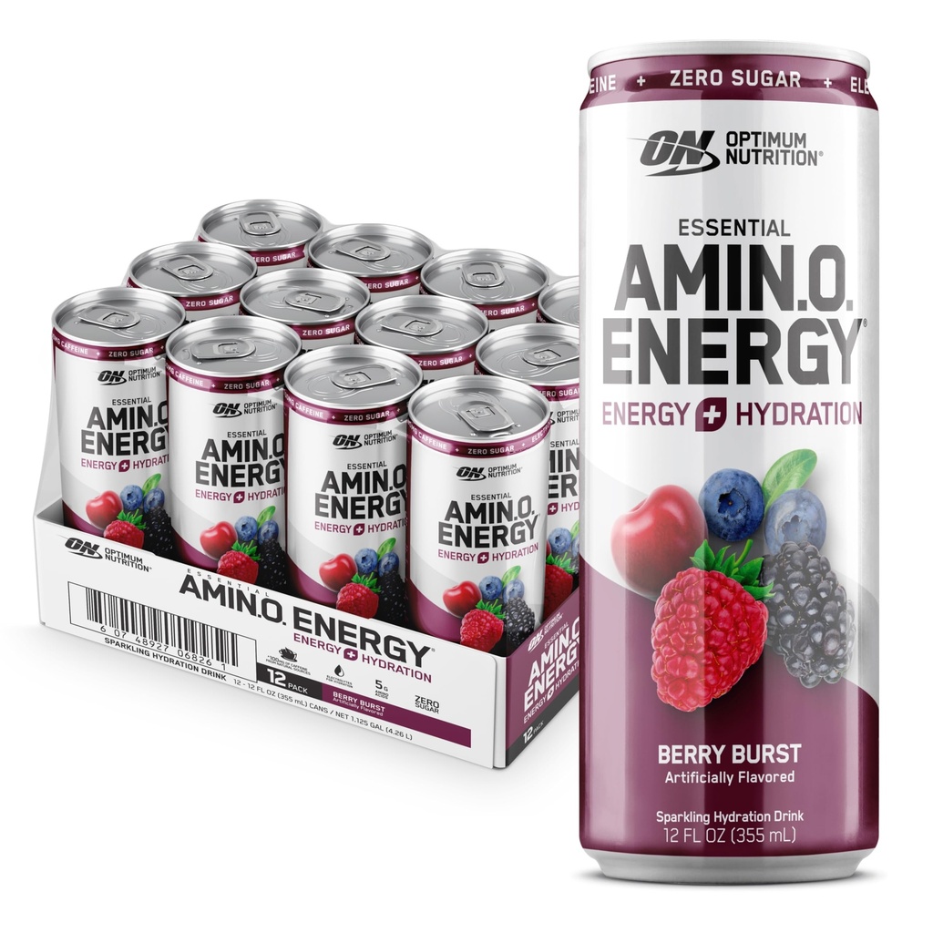 最適栄養アミノエネルギースパークリング水和ドリンク、電解液、カフェイン、アミノ酸、BCAA、砂糖フリー、ベリーバースト、12 Fl Oz、12パック