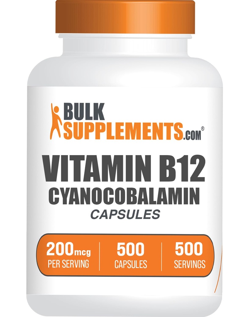 BulkSupplements.comビタミンB12カプセル - Cyanocobalamin、ビタミンBサプリメント、ビタミンB12 200 mcg - エネルギービタミン、グルテンフリー、給餌1カプセル、500カプセル(パッケージ1)