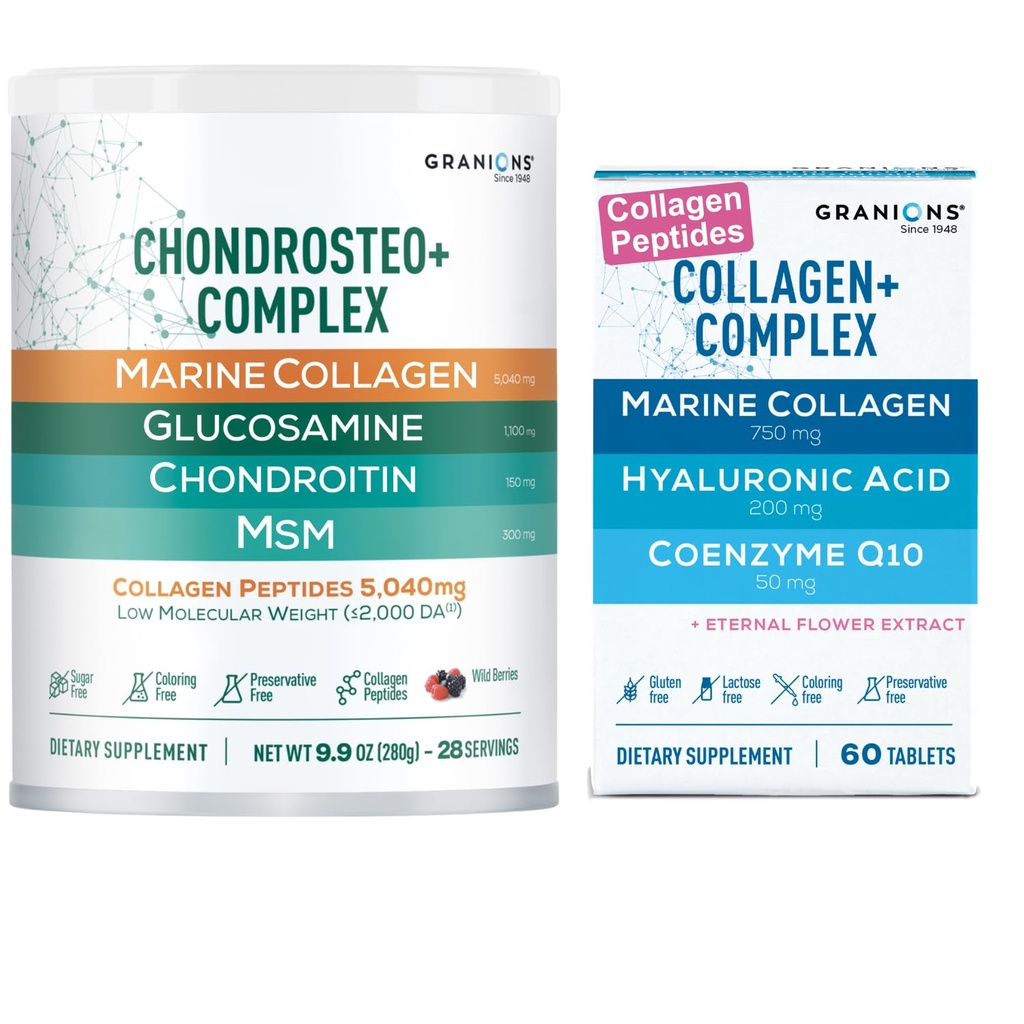 Granions Glucosamine Chondroitin MSM Powder and Collagen Complex CoQ10 - Joint Support Bundle