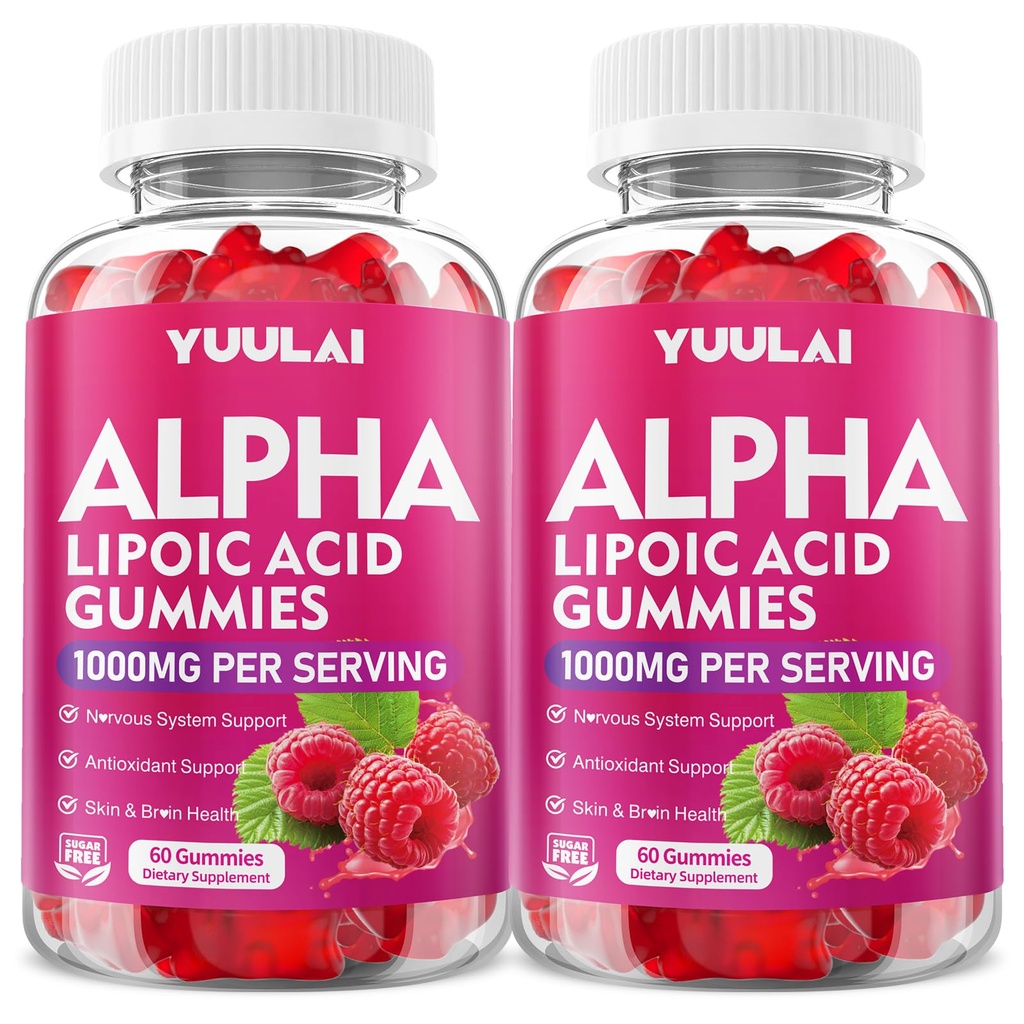 Pack of 2 Alpha Lipoic Acid Gummies 1000MG with Biotin, High Absorption Chewable ALA Supplement for Antioxidant, Brain Health and Nerve Support, Raspberry Flavor, 120Count