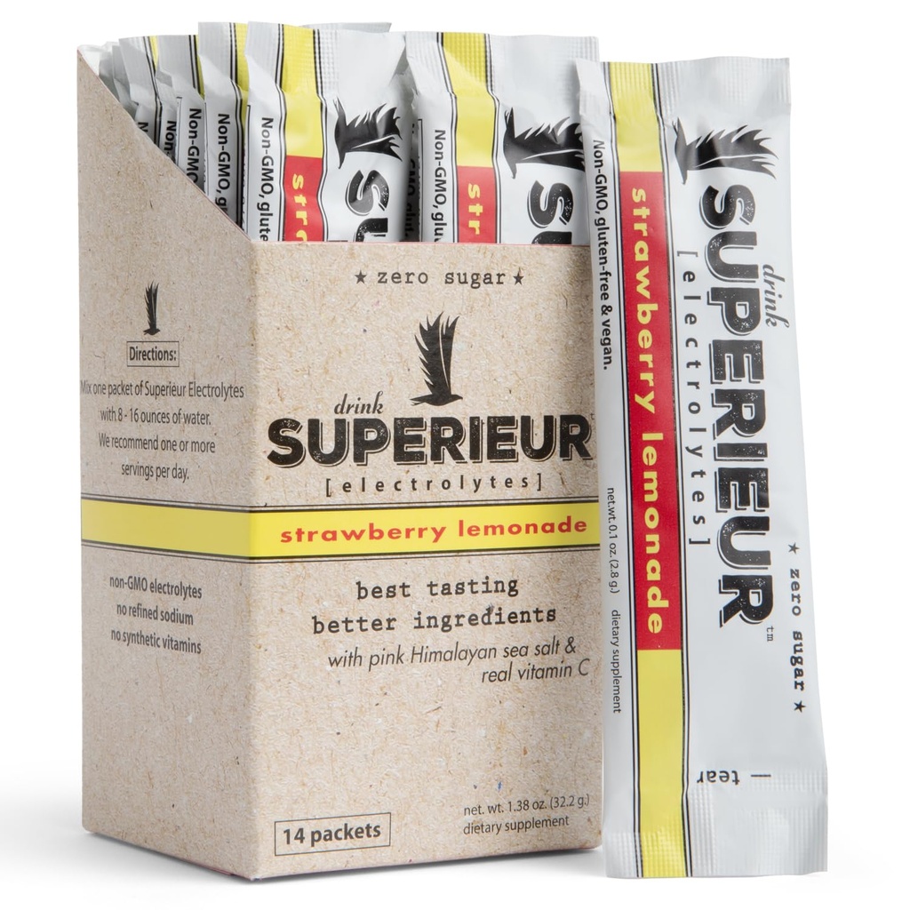 Superieur電解質粉末パケット - ビーガン電解水化パウダーw / 海ミネラル - Ketoフレンドリー、非GMO、ゼロ砂糖電解物サプリメント - 健康スポーツドリンク - イチゴレモネード(14パケット)