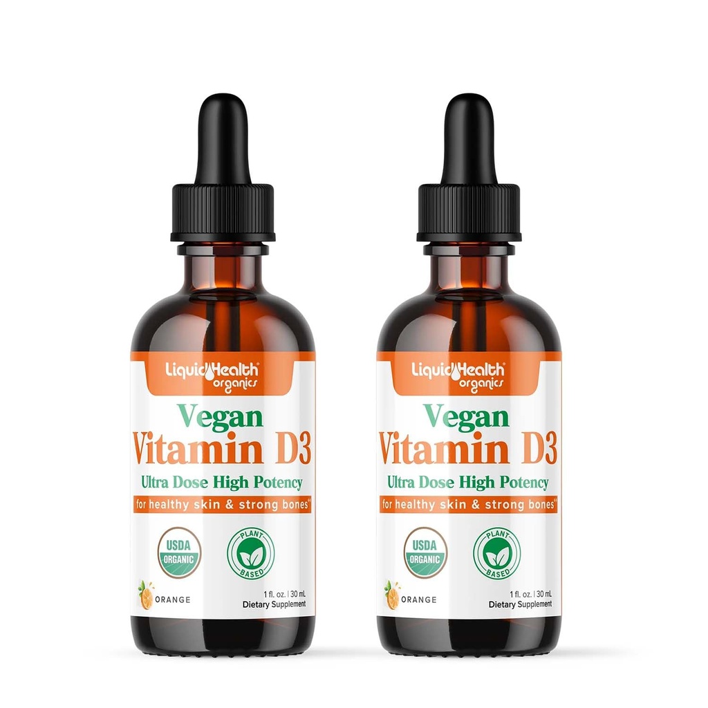 LIQUIDHEALTHのビタミンD3 4000 IU、大人のためのUSDAの有機性ビタミンDの液体の低下及び子供、免疫システム サポートのためのビーガン ビタミンD、骨の健康、気分サポート、健康な皮-米国製(2パック)