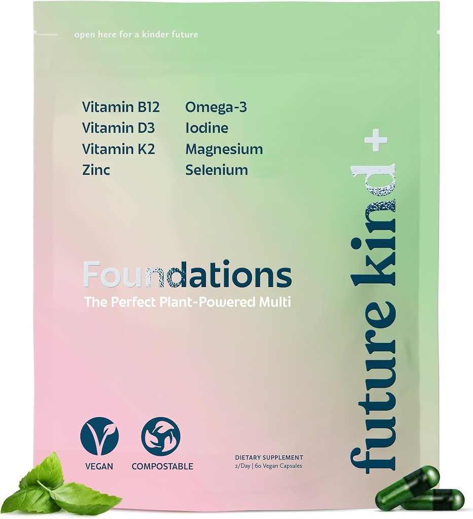 Future Kind Carrageenan-Free Foundations Multivitamin for Women & Men with Omega-3, B12, D3, Zinc, Iodine, Magnesium, K2 & Selenium, Vegan, Compostable Bag (60ct)