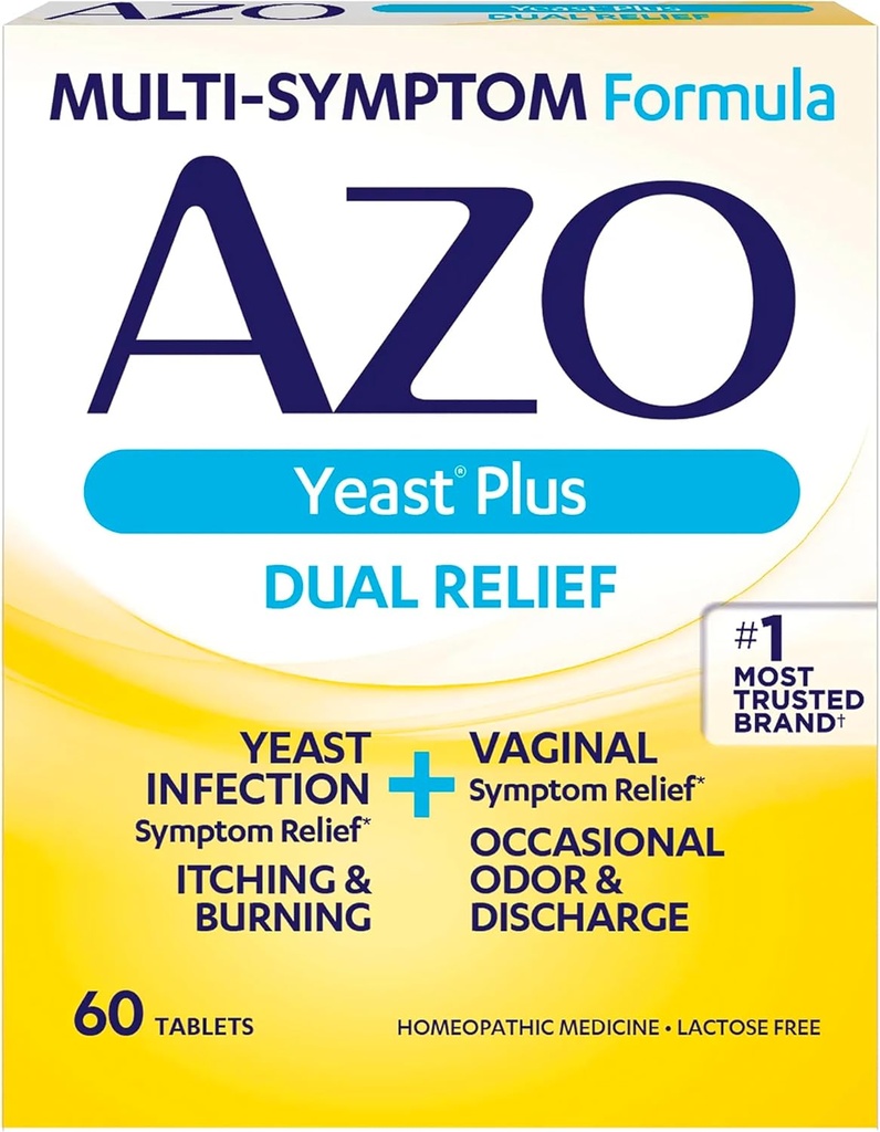 AZO Yeast Plusデュアルリリーフタブレット、イースト感染と腟症状救済、腟のかゆみを取り除き、60カウント