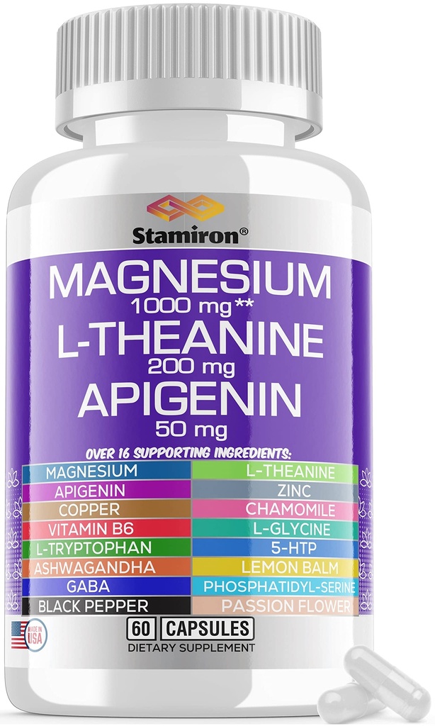 マグネシウムコンプレックス1000mg Lテアニン200mgアピゲニン50mgサプリメントマググリシリンクエン酸塩+カモミール5-HTPパッションフラワーレモンバームB6アシワガンダとLトリプトファン - アメリカ製