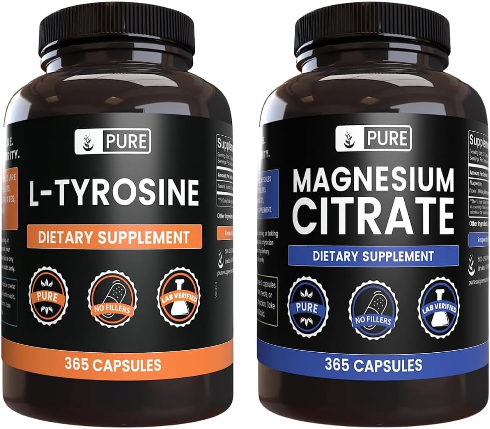 PUREの元のINGREDIENTS Lチロシンおよびマグネシウムのクエン酸塩の束、各365のカプセル、常に純粋、実験室は確認しました