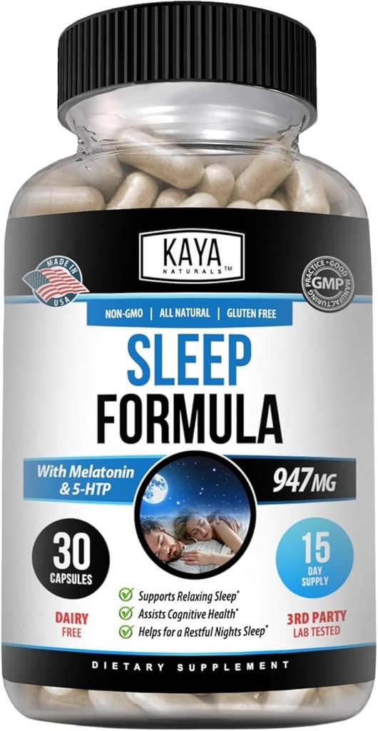 Kaya Naturals - Melatonin - Aidサポートビタミンサプリメント - 睡眠ストレスと気分のサポート - L-Tryptophan、パッションフラワー、アッシュワガンダ、その他(30カウント)