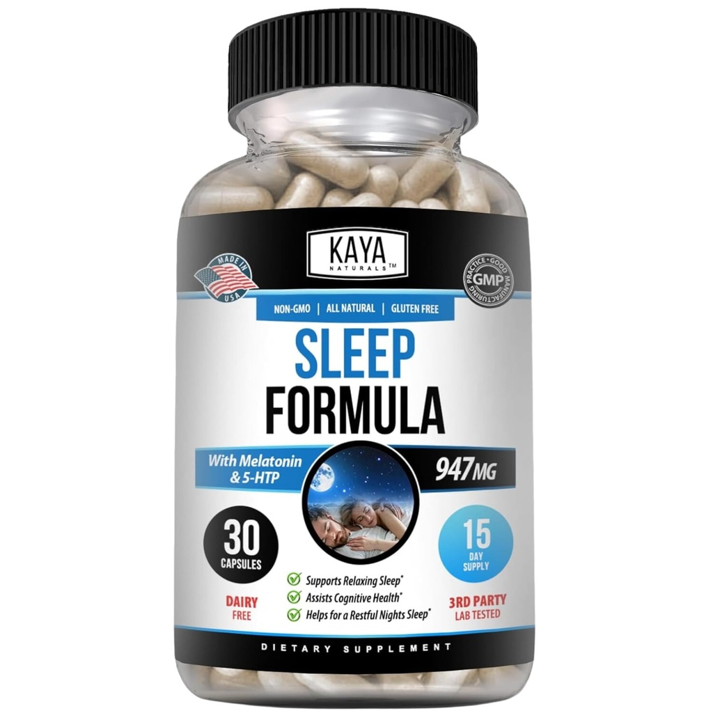 Kaya Naturals - Melatonin - Aidサポートビタミンサプリメント - 睡眠ストレスと気分のサポート - L-Tryptophan、パッションフラワー、アッシュワガンダ、その他(30カウント)
