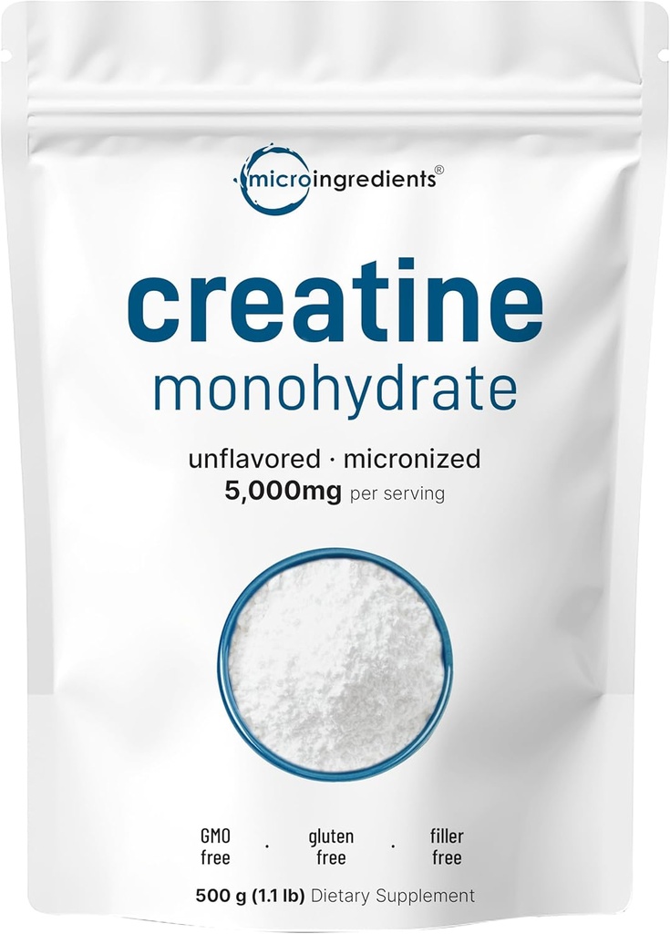 Instant Creatine Monohydrate Powder 500 Grams (1.1 Lb), 5000mg Per Serv, Micronized Creatine Powder, Unflavored, Pure, No Filler, Keto & Vegan, Easy Dissolve Pre Workout for Women and Men