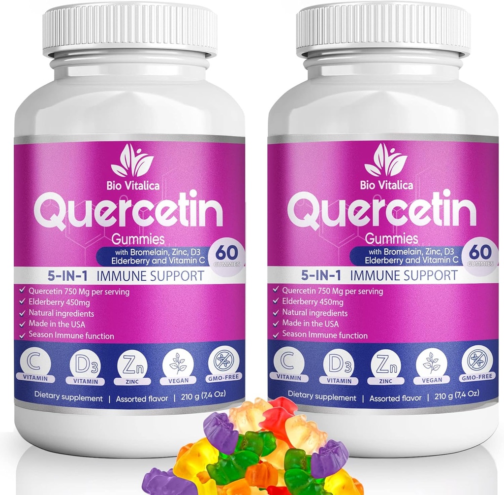 (2 Pack) Quercetin Gummies by BioVitalica - Quercetin with Bromelain Vitamin C and Zinc & Elderberry + Vitamin D3-5 in 1 Immune Support - Zinc Quercetin 750 mg for Kids and Adults