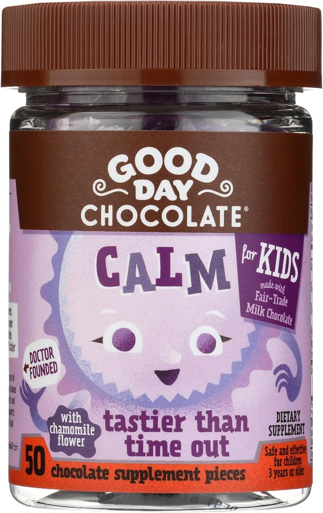 キッズのための良い日チョコレートナチュラルカミングサプリメント、カモミール、L-テアニン、フェアトレード、非GMOチョコレート、50ピース