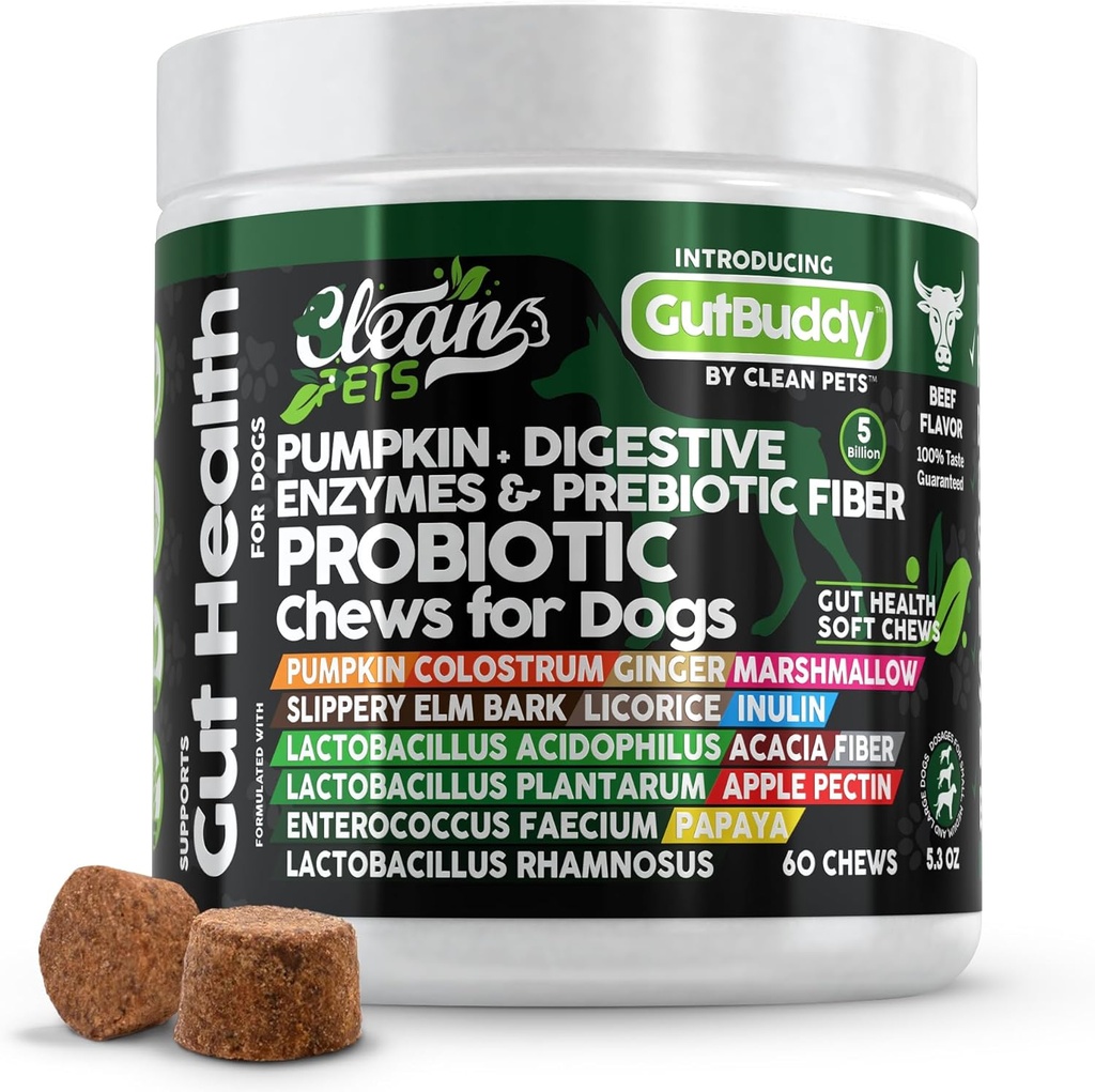 Probiotics for Dogs with Pumpkin, Colostrum, Digestive Enzymes, Ginger, Slippery Elm, Licorice, Inulin Fiber & More | Beef Flavor Soft Chews for Gut Health and Digestion Dog Supplement