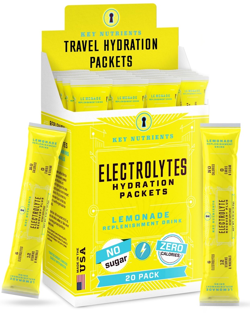 KEY NUTRIENTS 電解液パウダーパック 20 パック - 砂糖なし、レモネードをリフレッシュ、電解液粉末を電解液に配合した水分補給パック - ゼロカロリー