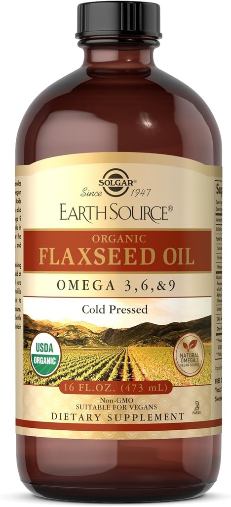 Solgar Earth Source Organic Flaxseed Oil - 16 fl oz - 冷間プレス - Omega 3、6、9 - USDA Organic、非GMO、グルテンフリー - 約31のサービング