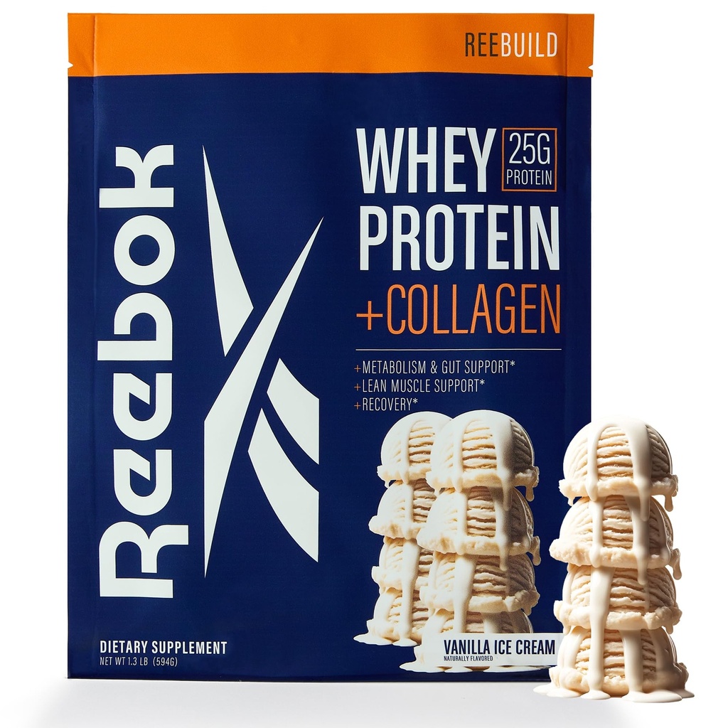 Reebok ウィープロテインパウダー + コラーゲンペプチド | 9 エッセンシャル アミノ酸25g タンパク質 | 筋肉の回復、関節と腸のサポート | 認定スポーツ | ReeBuild Vanilla アイスクリーム風味、1.3 lb