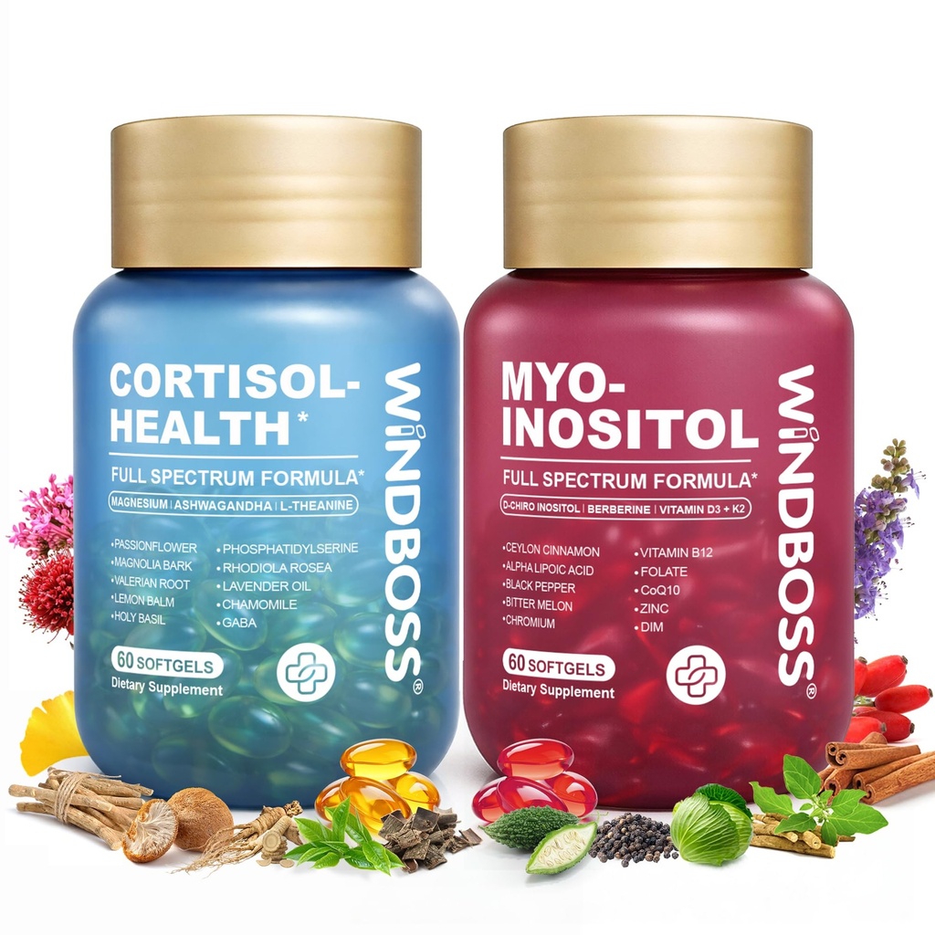 Cortisol Health & Myo Inositol Supplement Bundle for Women, Hormonal Balance, Stress & Emotional Wellness Support, D-Chiro Inositol, Ashwagandha, Berberine, Vitamin D3+K2, 120 Softgels