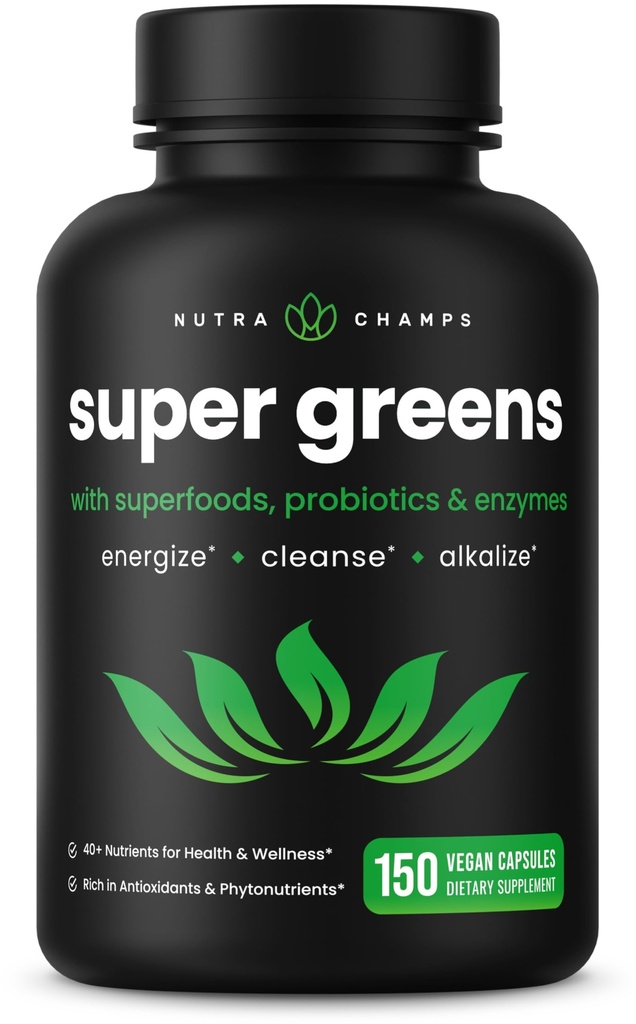 NutraChampsオーガニックスーパーグリーンカプセル - Alfalfa、Spirulina、Chlorellaなど - 抗酸化剤、消化酵素&プロバイオティックブレンド - 150グリーンスーパーフードカプセル